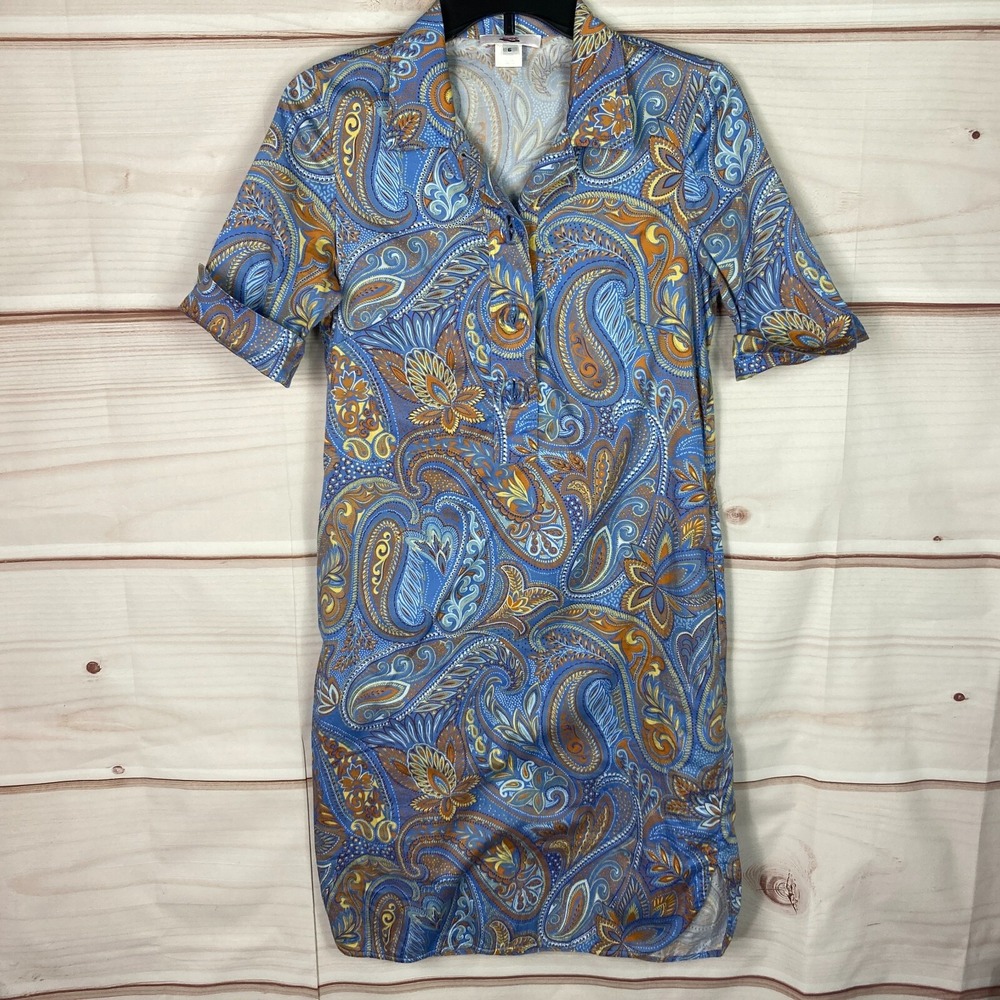 Leggiadro Dress Women 6 Blue Yellow Paisley Shirt Short Sleeve 1/4 Button Collar